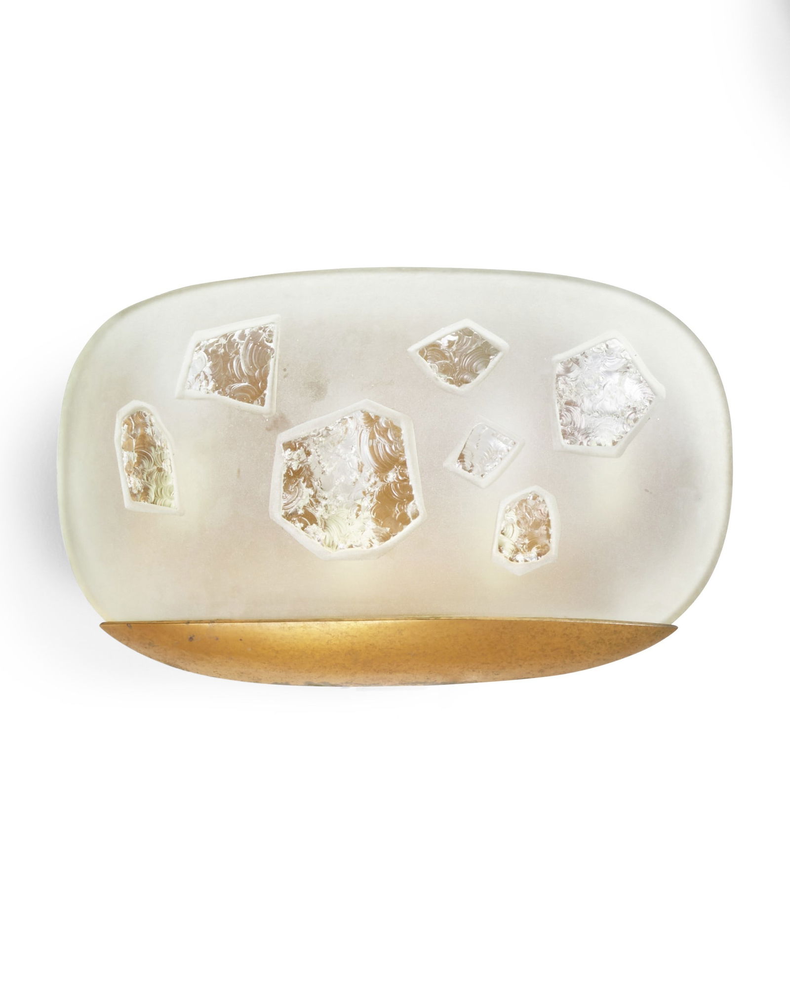 MAX INGRAND (1908-1969) Rare Special-Order Wall Light circa 1956 model no. 2301, for Fontana Ar...: MAX INGRAND (1908-1969) Rare Special-Order Wall Light circa 1956 model no. 2301, for Fontana Arte, frosted and partially chiseled glass by Duilio Barnabe (Dube), copper height 9 1/2in (24cm); width 15