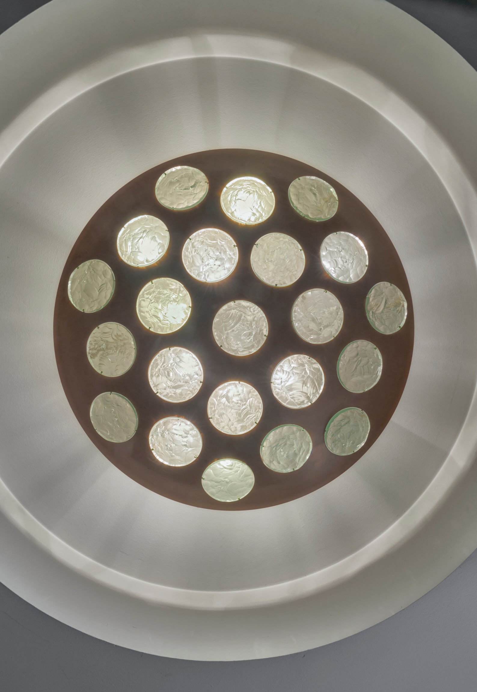 MAX INGRAND (1908-1969) Large Special-Order Ceiling Lightcirca 1956model no. 2416, frosted and c...: MAX INGRAND (1908-1969) Large Special-Order Ceiling Light circa 1956 model no. 2416, frosted and chiseled glass by Duilio Barnabe (Dube), copper height 9 1/2in (24cm); diameter 29 1/2in (75cm) Footnot