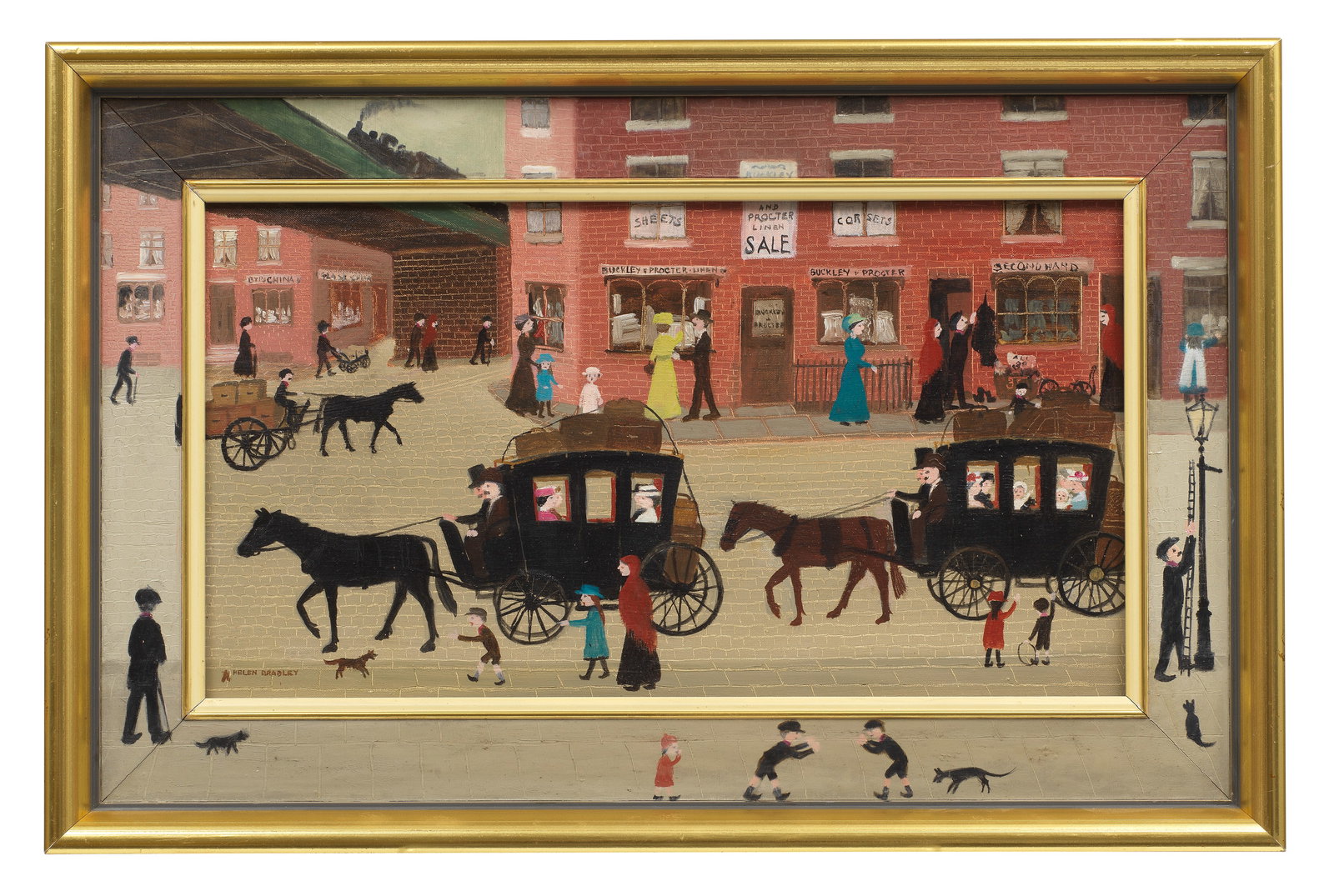 Helen Bradley (British, 1900-1979) Just Round the Corner is Mumps Station 33.2 x 53.6 cm. (13 x ...: Helen Bradley (British, 1900-1979) Just Round the Corner is Mumps Station signed 'HELEN BRADLEY' and with fly insignia (lower left) and titled 'Just round the corner is Mumps/Station and in no time ou