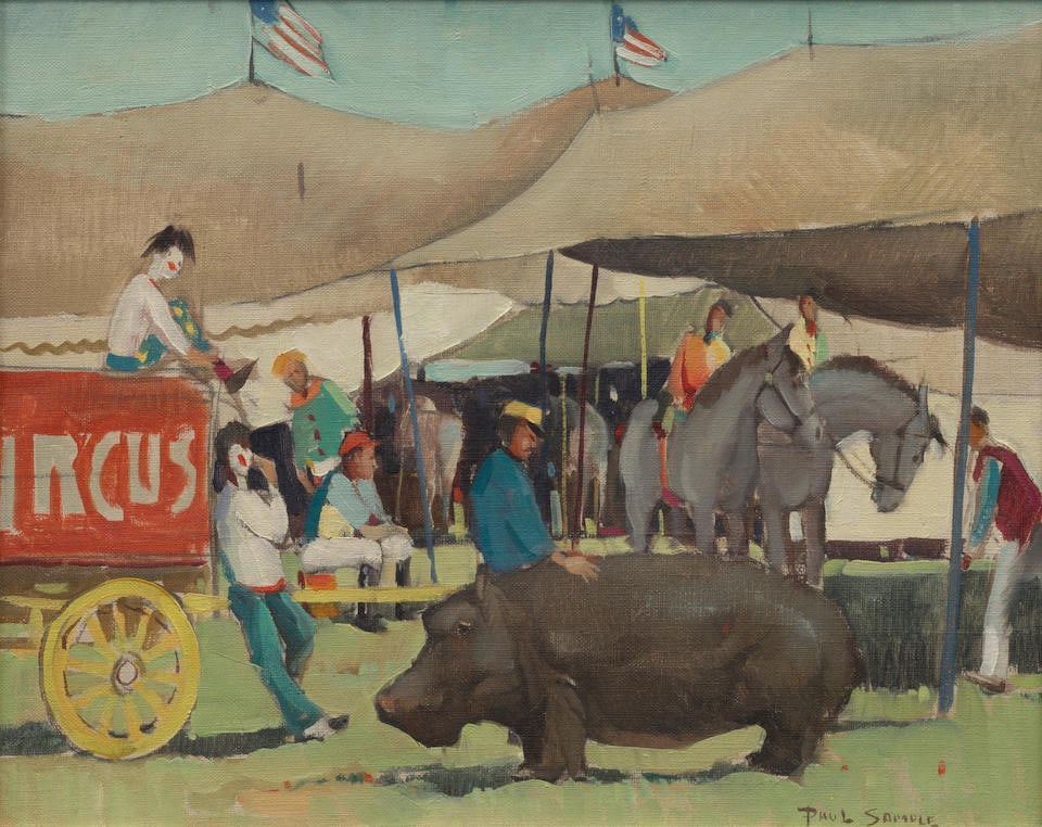Paul Sample (1896-1974) Hippo 16 1/4 x 20 1/4 in. (41.3 x 51.4 cm.): Paul Sample (1896-1974) Hippo signed 'PAUL SAMPLE' (lower right) and inscribed with title twice and signed again (on the stretcher) oil on canvas 16 1/4 x 20 1/4 in. (41.3 x 51.4 cm.) Footnotes: Prove