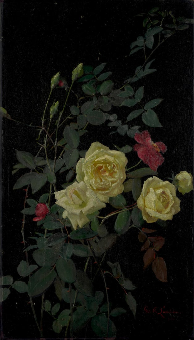 George Cochran Lambdin (1830-1896) Roses 24 1/8 x 13 3/4 in. (61.3 x 34.9 cm.) (Painted in 1878.): George Cochran Lambdin (1830-1896) Roses signed and dated 'Geo. Co. Lambdin. / 78.' (lower right) oil on panel, unframed. 24 1/8 x 13 3/4 in. (61.3 x 34.9 cm.) Painted in 1878. Footnotes: Provenance B