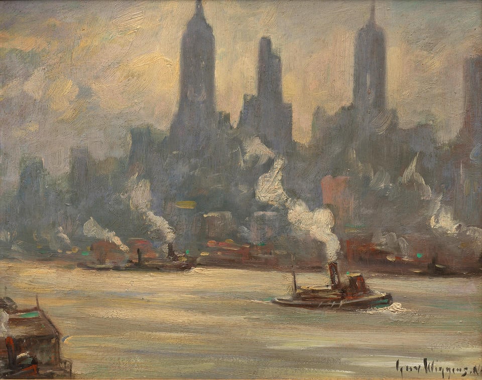 Guy Carleton Wiggins (1883-1962) Morning on the River 14 1/8 x 17 3/8 in. (35.6 x 44.1 cm.) (Pai...: Guy Carleton Wiggins (1883-1962) Morning on the River signed 'Guy Wiggins. NA' (lower right) and inscribed with title and signed again (on the reverse) oil on board 14 1/8 x 17 3/8 in. (35.6 x 44.1 cm