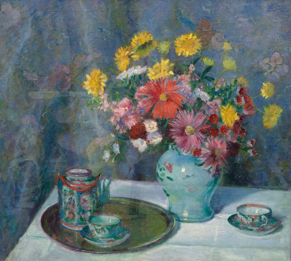 Bernhard Gutmann (1869-1936) Imari Tea Set 33 1/8 x 37 in. (84.1 x 94 cm.) (Painted circa 1915-20.): Bernhard Gutmann (1869-1936) Imari Tea Set estate stamped and numbered '88' (on the reverse) and estate stamped again twice and numbered again (on the stretcher) oil on canvas 33 1/8 x 37 in. (84.1 x