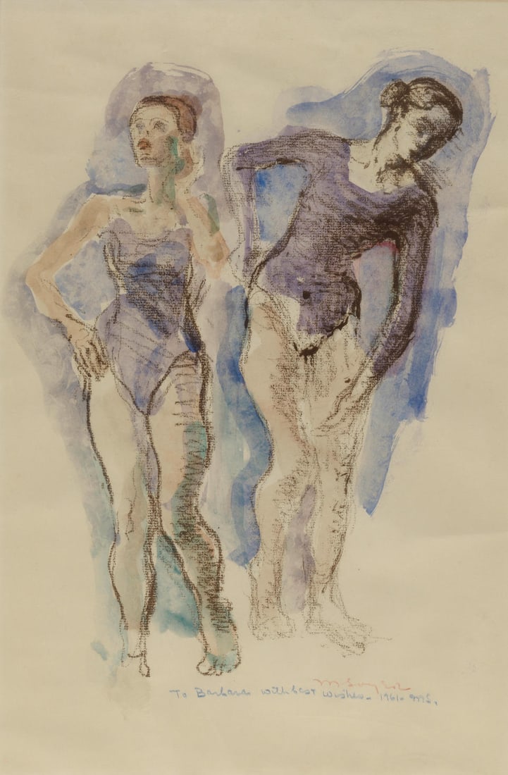 Moses Soyer (1899-1974) Two Dancers 19 7/8 x 13 in. (50.5 x 33 cm.) (Executed circa 1961.): Moses Soyer (1899-1974) Two Dancers signed, inscribed, dated and initialed 'M Soyer / To Barbara with best wishes - 1961 - MS.' (lower right) watercolor and charcoal on paper 19 7/8 x 13 in. (50.5 x 3