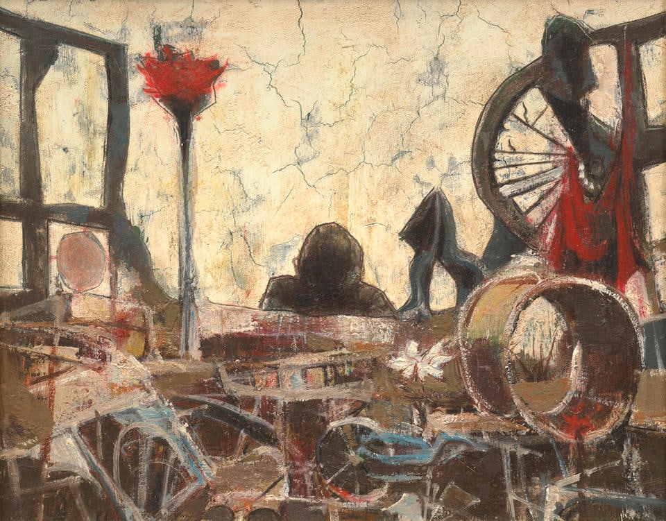 John Barnes Dobbs (1931-2011) American Beauty Rose 8 5/8 x 10 3/4 in. (21.9 x 27.3 cm.) (Painted...: John Barnes Dobbs (1931-2011) American Beauty Rose signed 'JB Dobbs' (upper left) oil on board 8 5/8 x 10 3/4 in. (21.9 x 27.3 cm.) Painted in 1962. Footnotes: Provenance ACA Galleries, New York. Lot