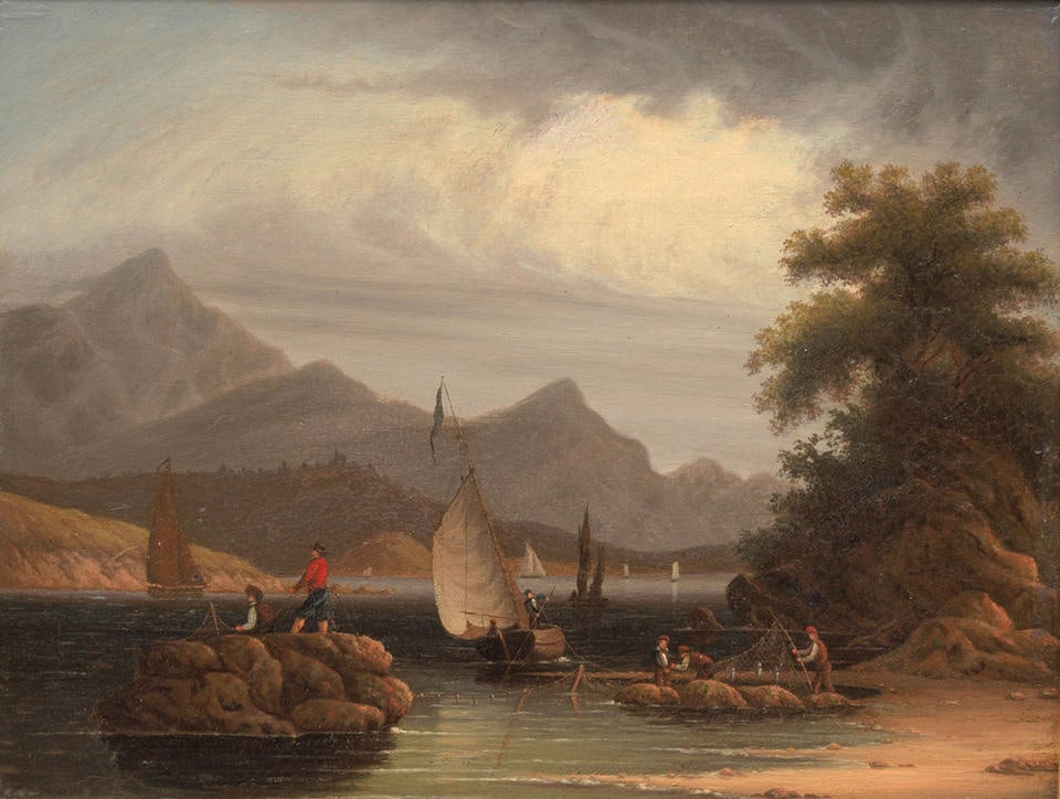 Robert Salmon (1775-1844) Fishing with Nets 9 5/8 x 12 5/8 in. (24.5 x 32.1 cm.): Robert Salmon (1775-1844) Fishing with Nets oil on panel 9 5/8 x 12 5/8 in. (24.5 x 32.1 cm.) Footnotes: Provenance Quester Gallery, Stonington, Connecticut. Acquired by the present owner from the abo