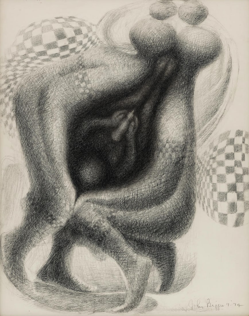 John Thomas Biggers (1924-2001) Untitled 29 x 23 in. (73.7 x 58.4 cm.) (Executed in 1974.): John Thomas Biggers (1924-2001) Untitled signed and dated 'John Biggers 7 - 74' (lower right) charcoal on paper laid down on board 29 x 23 in. (73.7 x 58.4 cm.) Executed in 1974. For further informati