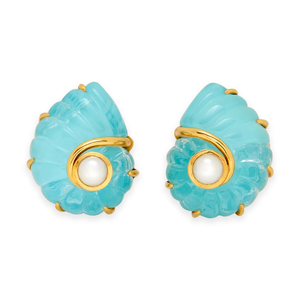 TRIANON: A PAIR OF 18K GOLD, ROCK CRYSTAL, TURQUOISE, AND CULTURED PEARL EARCLIPS (1 of 3)