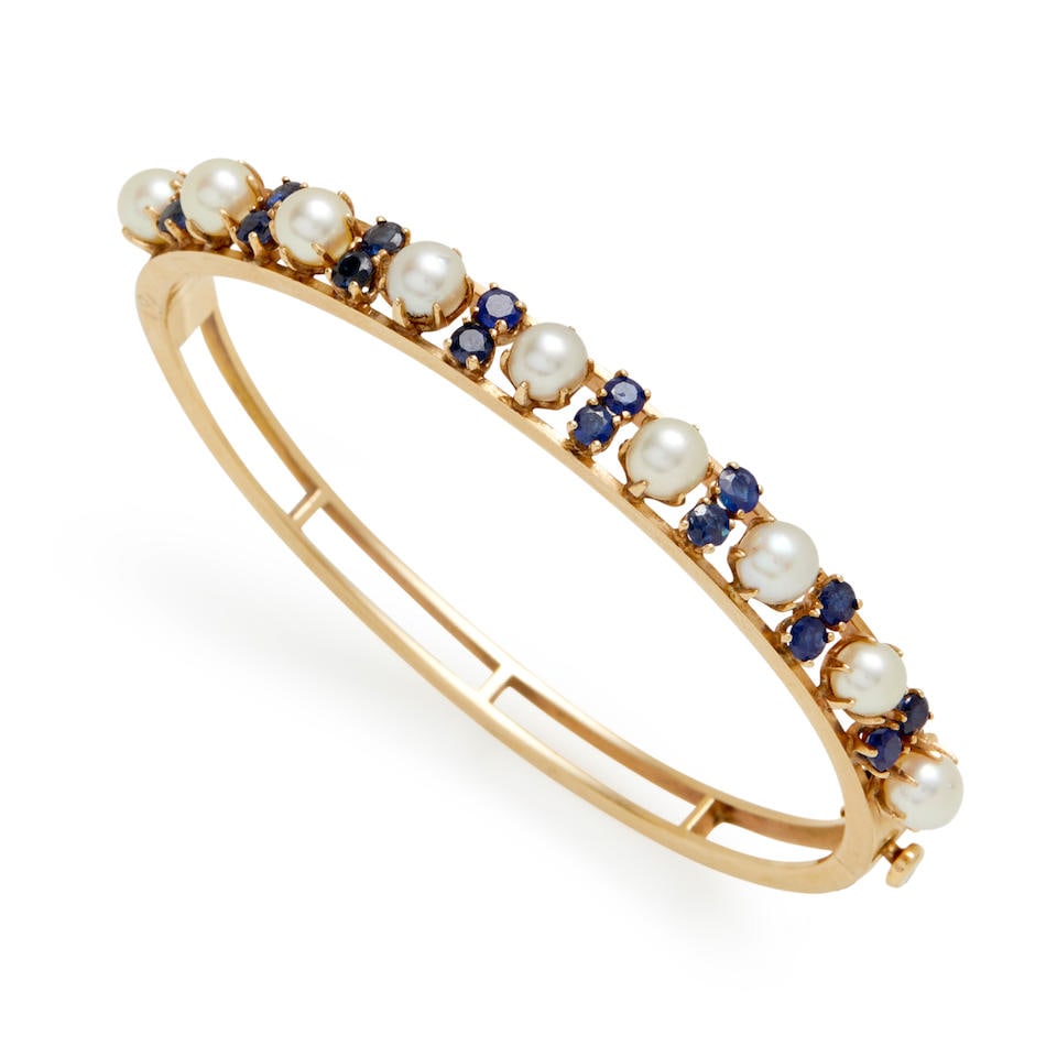 A 14K GOLD, SAPPHIRE, AND CULTURED PEARL BANGLE BRACELET (1 of 2)