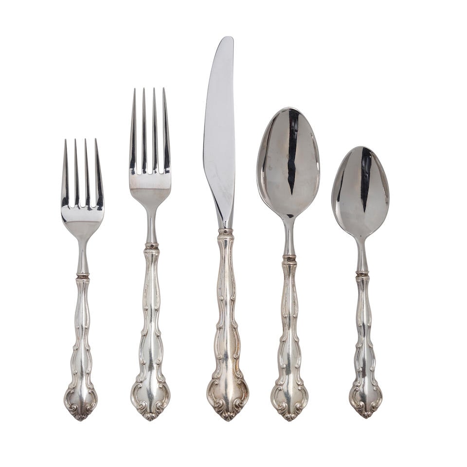 AN AMERICAN STERLING SILVER PART FLATWARE SERVICE FOR TWELVE by Wallace Silversmiths, Wallingfor...: AN AMERICAN STERLING SILVER PART FLATWARE SERVICE FOR TWELVE by Wallace Silversmiths, Wallingford, last quarter 20th century In the Scarborough pattern, comprising twelve dinner forks, twelve soup spo