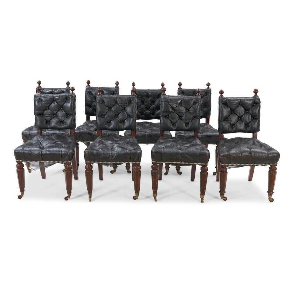 SET OF EIGHT VICTORIAN WALNUT AND BLACK LEATHER UPHOLSTERED DINING CHAIRS (1 of 1)