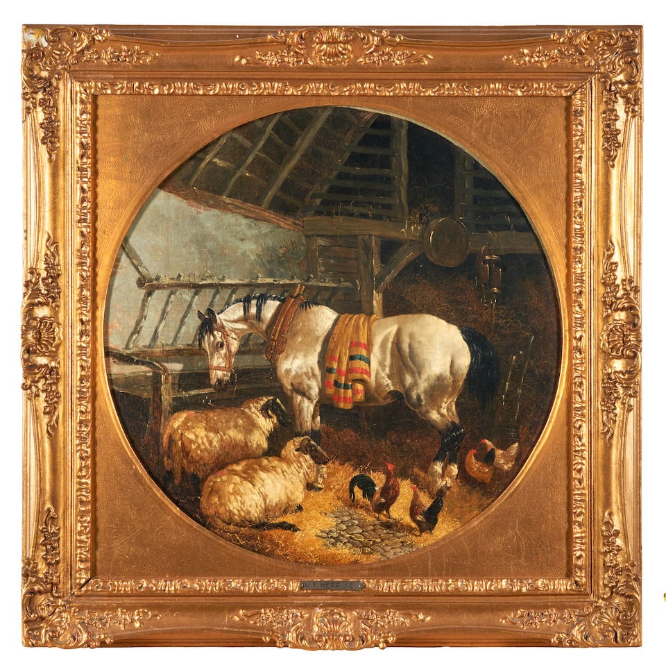 JOHN FREDERICK HERRING, SNR. (British, 1795-1865) A Horse, Sheep, and Chickens in a Stable Inter... (1 of 2)