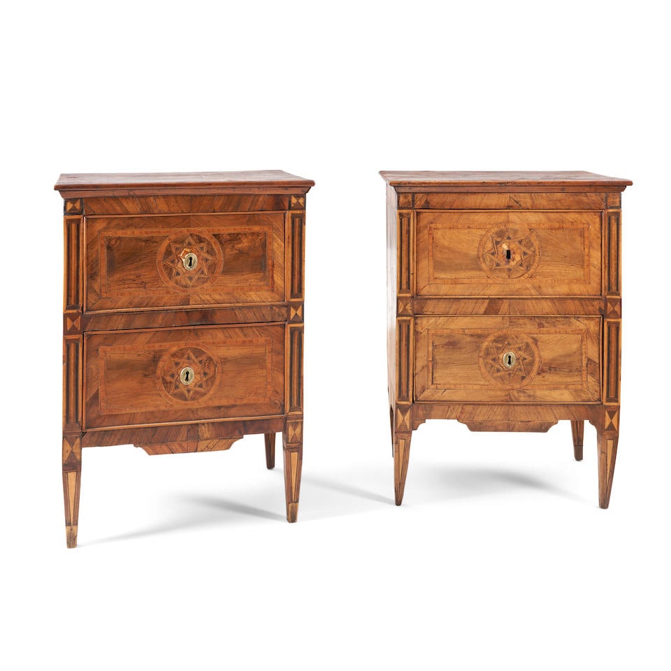 PAIR OF NEOCLASSICAL BURLWOOD AND FRUITWOOD MARQUETRY SMALL COMMODES: PAIR OF NEOCLASSICAL BURLWOOD AND FRUITWOOD MARQUETRY SMALL COMMODES Italy, rectangular top over two drawers, raised on square tapering legs, ht. 31 1/2, wd. 22 3/4, dp. 15 1/2 in. For further informa