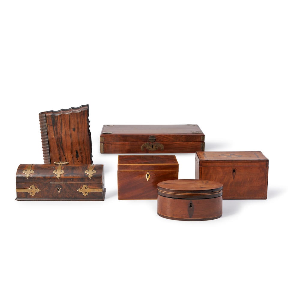 SIX DECORATIVE BOXES AND TEA CADDIES: SIX DECORATIVE BOXES AND TEA CADDIES Britain and China, 19th century, three Georgian mahogany, fruitwood, or satinwood tea caddies, an early Victorian book-form box, a Victorian faux-burl and brass bo