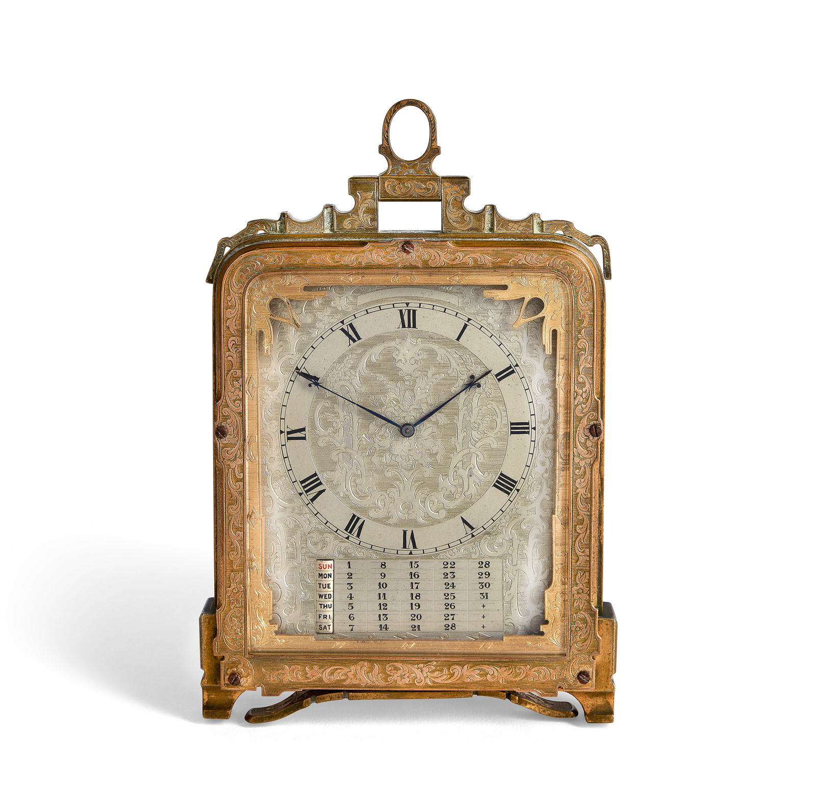 A good mid 19th century engraved gilt and silvered brass eight day strut clock with calendar Att...: A good mid 19th century engraved gilt and silvered brass eight day strut clock with calendar Attributed to Thomas Cole, London. The case stamped 527. The movement further signed for the retailer Hunt