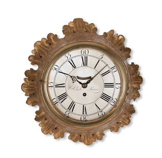A good mid-late 18th century giltwood wall timepiece with verge escapement William Clarke, London: A good mid-late 18th century giltwood wall timepiece with verge escapement William Clarke, London the case with foliate carved edges and heavy cast bezel framing the 9 inch silvered Roman and Arabic d
