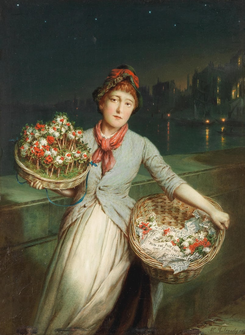 Augustus Edwin Mulready (British, 1844-1905) 'The Close of Day': Augustus Edwin Mulready (British, 1844-1905) 'The Close of Day' signed and dated 'AE.Mulready.88' (lower right); further titled 'The Close of Day/Aug.E.Mulready.1888' (on the reverse) oil on panel 36.