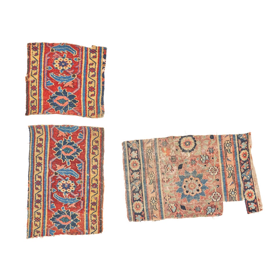 Three Khorasan Fragments Iran 1 ft. 2 in. x 1 ft. 8 in., 1 ft. 3 in. x 1 ft. 2 in., and 2 ft. x ...: Three Khorasan Fragments Iran c. 18th century Provenance: The Jim Dixon Collection 1 ft. 2 in. x 1 ft. 8 in., 1 ft. 3 in. x 1 ft. 2 in., and 2 ft. x 1 ft. 3 in. For further information on this lot ple