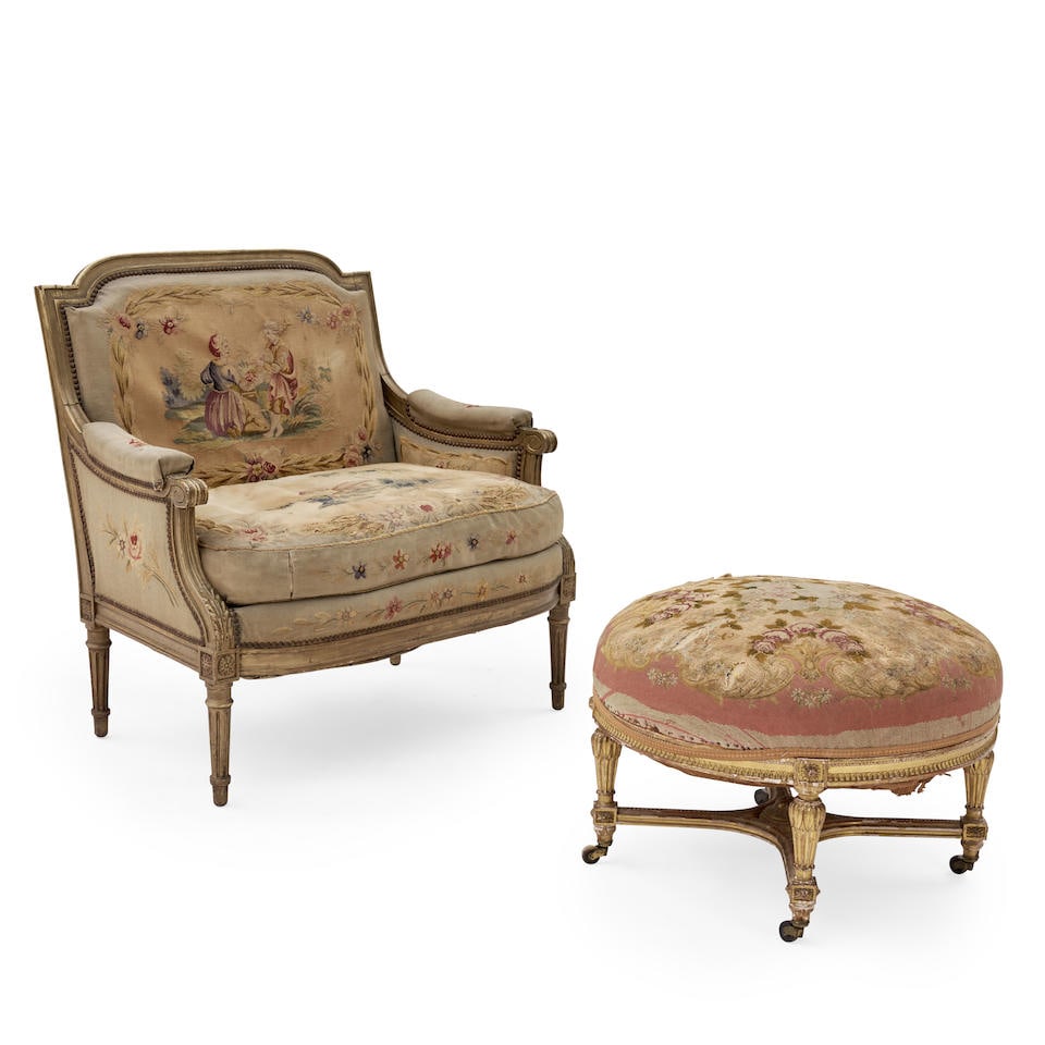 LOUIS XV-STYLE TAPESTRY UPHOLSTERED SETTEE AND FOOTREST (1 of 1)