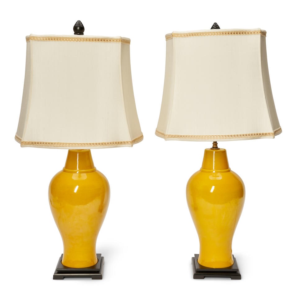 PAIR OF TABLE LAMPS WITH YELLOW GLAZED PORCELAIN URN-SHAPE BASES (1 of 1)