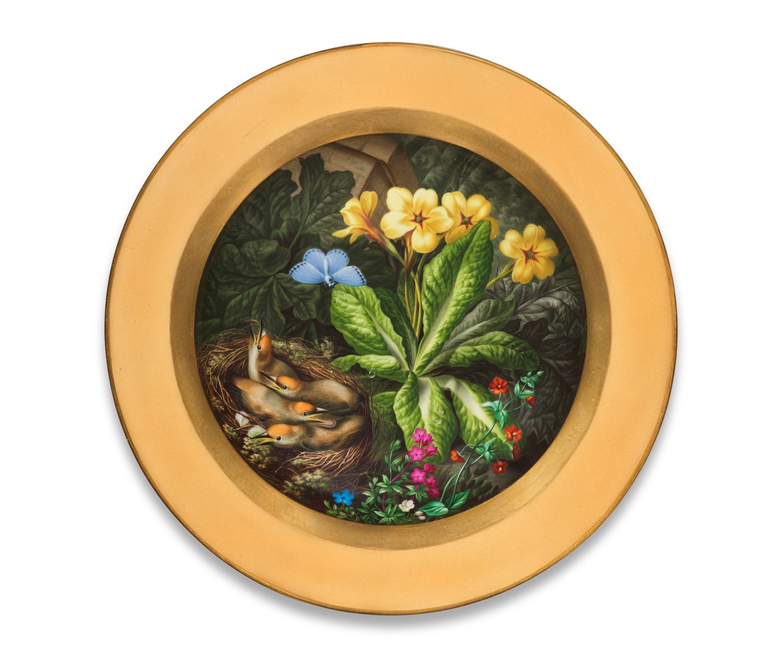 A documentary Vienna cabinet plate, circa 1815: A documentary Vienna cabinet plate, circa 1815 Superbly painted by Joseph Fischer, signed l.r. 'J. Fischer', with a nest with four birds and a butterfly among primula and other flowers and leaves, a p