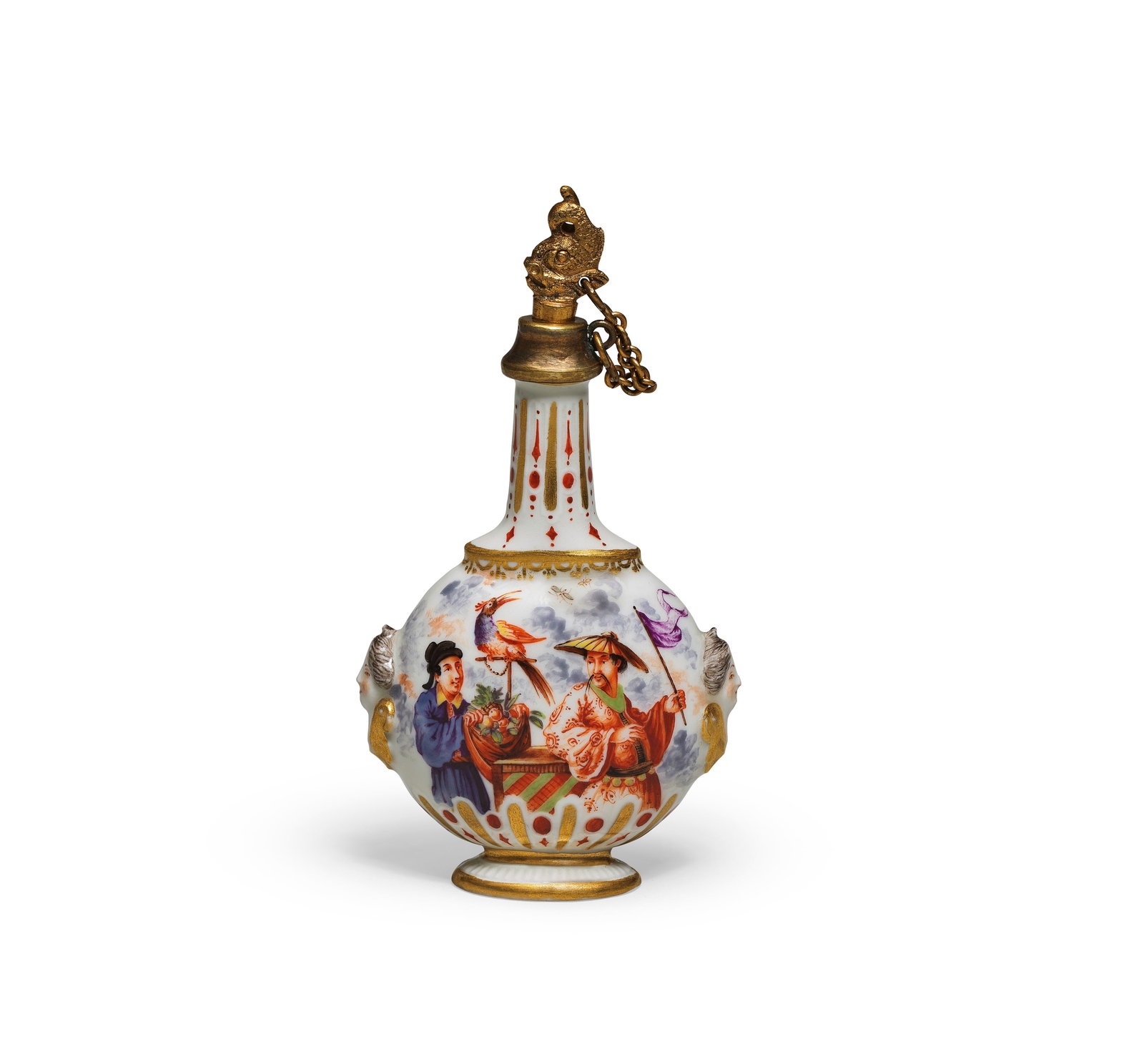 A Meissen scent flask, circa 1725-30: A Meissen scent flask, circa 1725-30 Of flattened ovoid form moulded with a female mask on each side, the neck and lower body moulded with fluted bands heightened in gilding and iron-red, painted on e