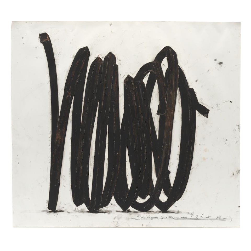 BERNAR VENET (B. 1941) Trois lignes indéterminées 1998: BERNAR VENET (B. 1941) Trois lignes indéterminées 1998 signed, titled and dated 98 oilstick on paper 35 1/2 by 39 in. 90.2 by 99.1 cm. This work is registered in the artist's archives under