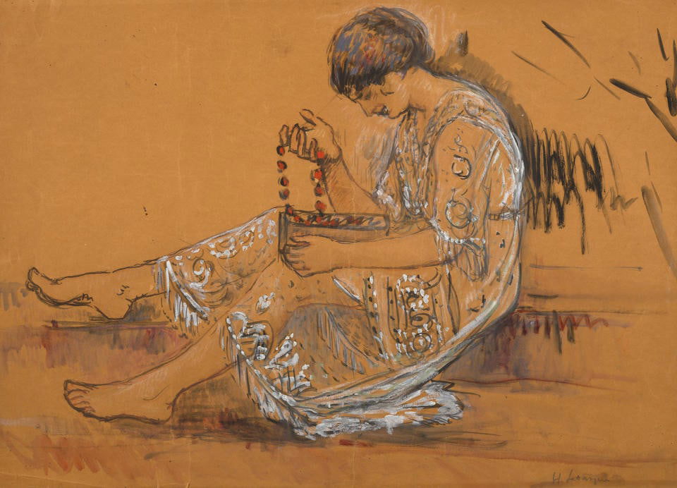 HENRI LEBASQUE (1865-1937) Femme au collier (Etude pour L'Offrande au jardin) 17 1/2 x 24 1/8 in...: HENRI LEBASQUE (1865-1937) Femme au collier (Etude pour L'Offrande au jardin) signed 'H Lebasque' (lower right) gouache and watercolor on paper 17 1/2 x 24 1/8 in (44.4 x 61.2 cm) Executed in 1917 Foo