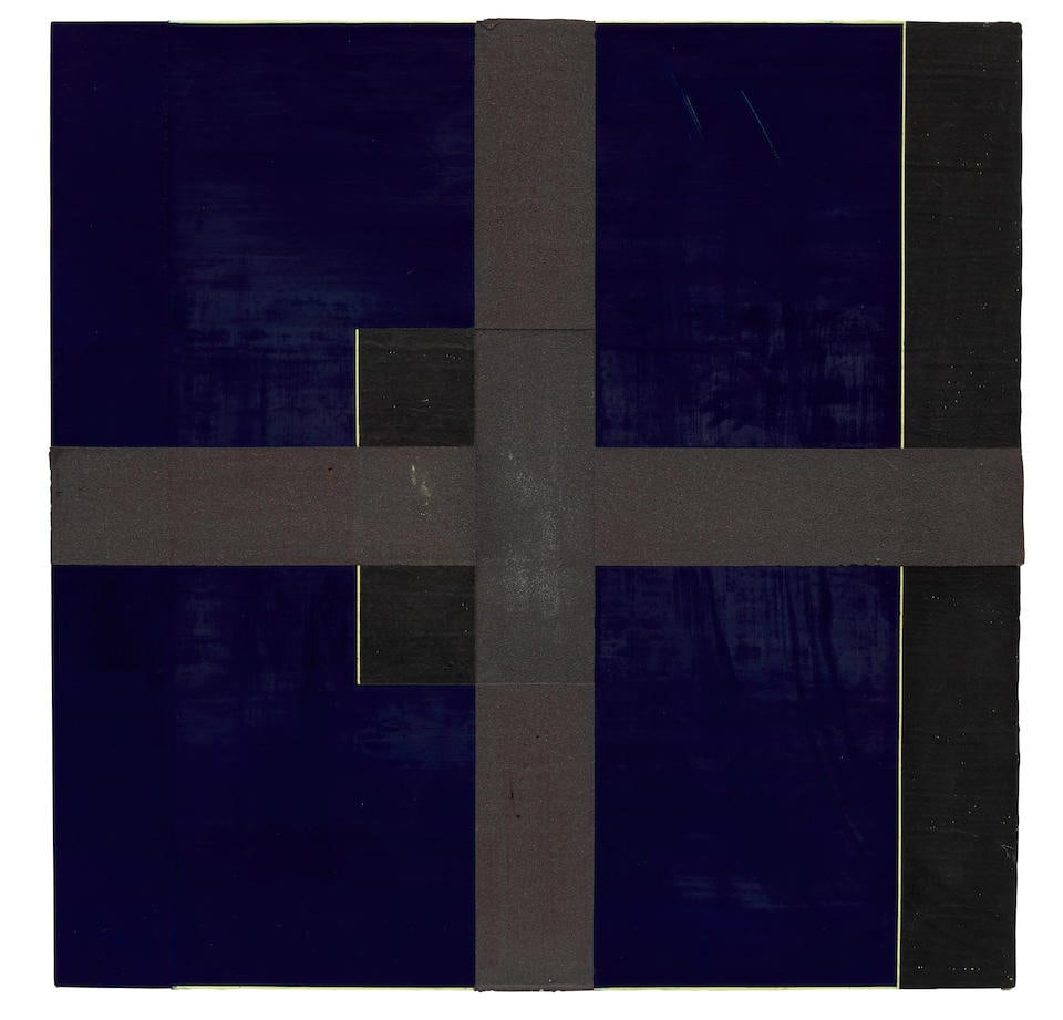 HARVEY QUAYTMAN (1937-2002) Prussian Light 1986: HARVEY QUAYTMAN (1937-2002) Prussian Light 1986 signed, titled and dated 1986 on the overlap acrylic on canvas 37 by 37 in. 91.4 by 91.4 cm. For further information on this lot please visit Bonhams.co