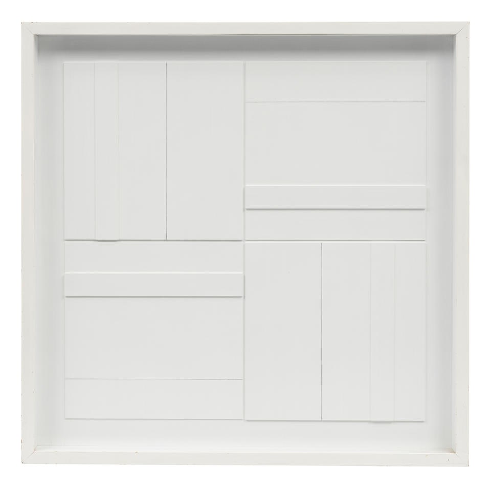 ALAN REYNOLDS (1926-2014) Structures Group II (X), Smaller Variation1983: ALAN REYNOLDS (1926-2014) Structures Group II (X), Smaller Variation 1983 signed, dated 83, titled and inscribed on the reverse emulsion paint and pencil on card in artist's frame 24 5/8 by 24 5/8 in.