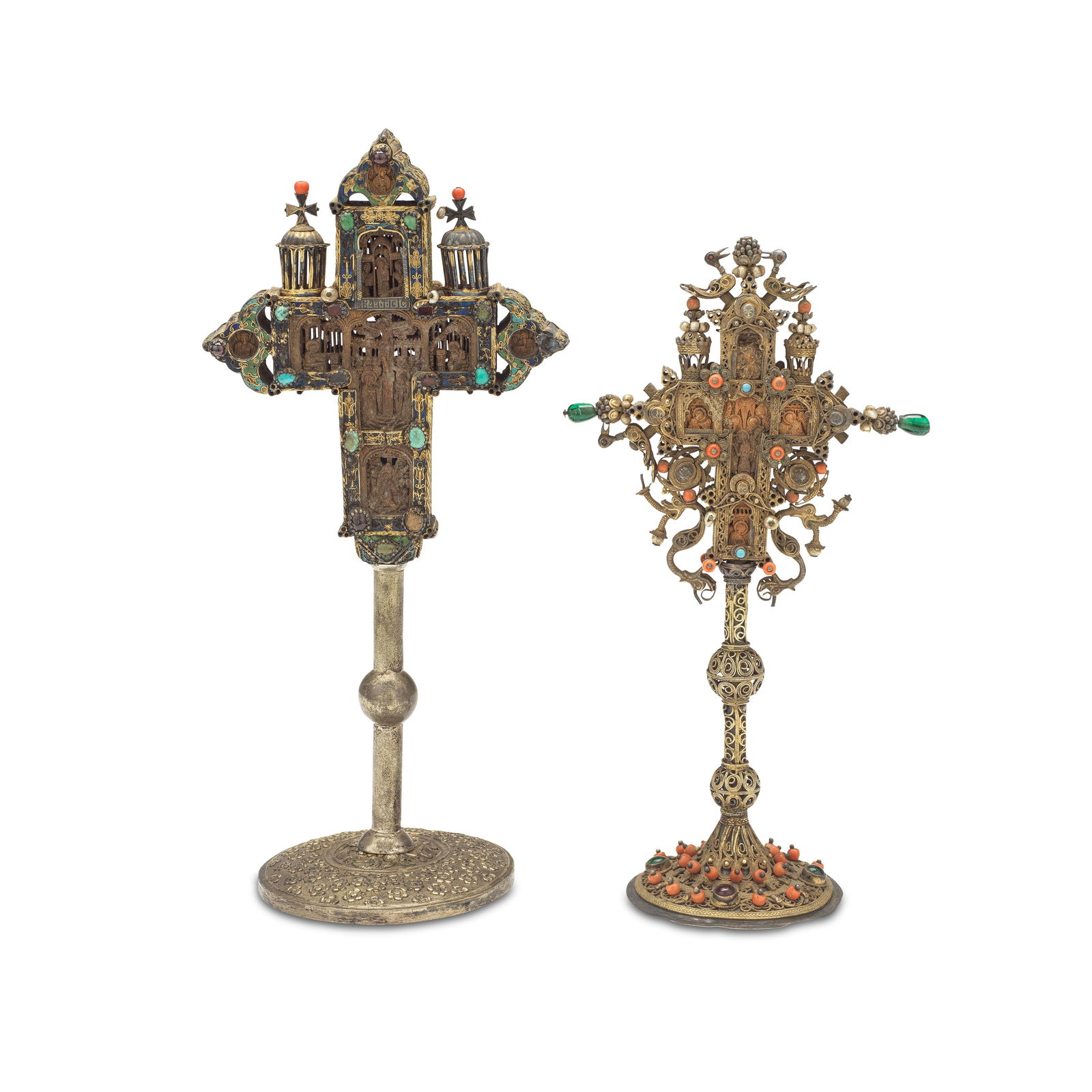 A Greek carved boxwood, coral beaded, 'jewelled' and applied filigree and coloured enamel gilt a... (1 of 1)