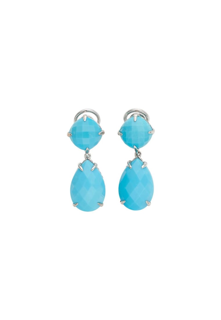 PAOLO COSTAGLI | TURQUOISE AND DIAMOND EARCLIPS: PAOLO COSTAGLI | TURQUOISE AND DIAMOND EARCLIPS - each having a circular-shaped sleeping beauty turquoise cabochon suspending a pear-shaped turquoise cabochon - accented with round brilliant-cut diamo