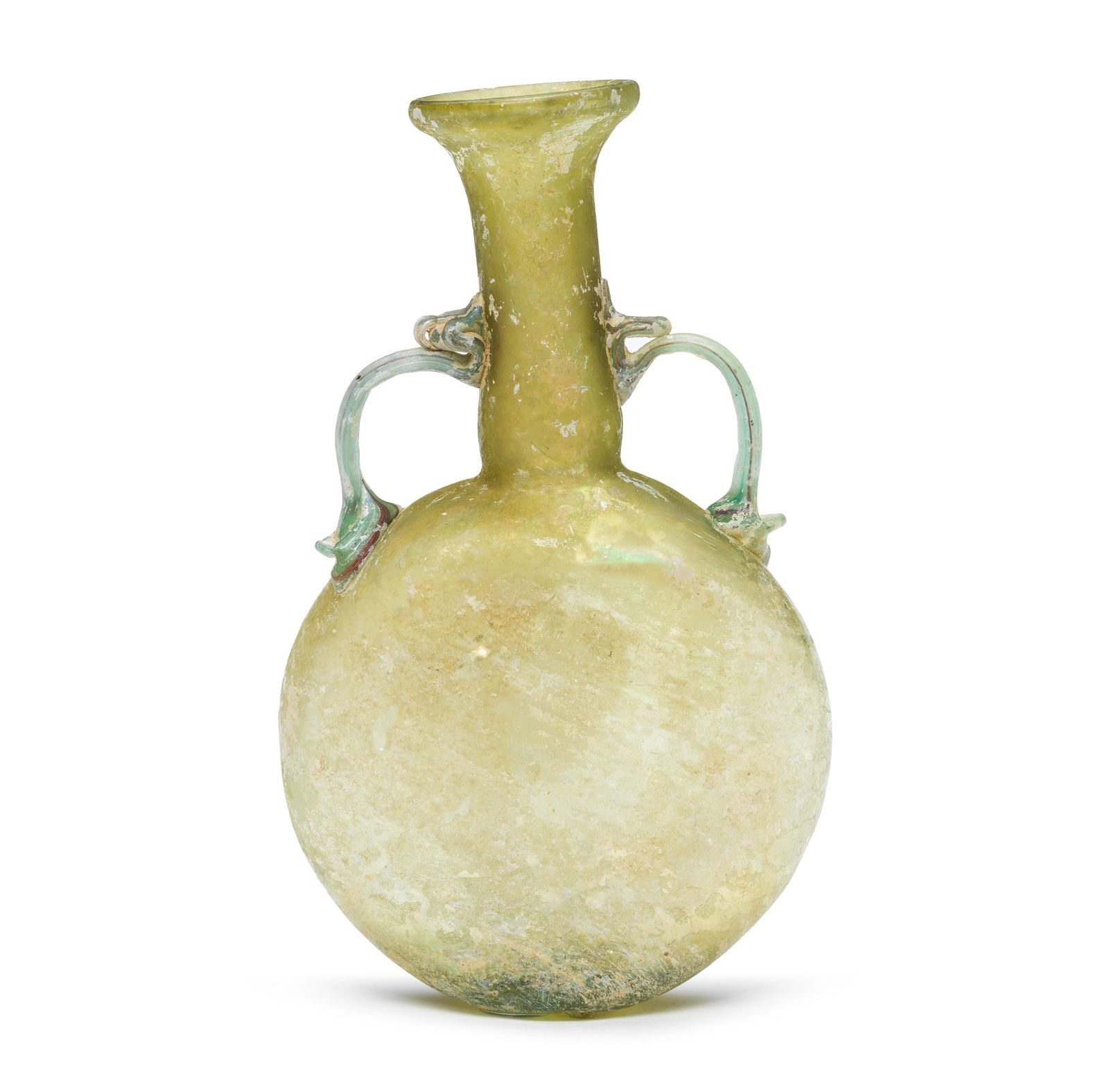 A Roman olive green glass ribbed lentoid flask with blue-green handles: A Roman olive green glass ribbed lentoid flask with blue-green handles Circa 3rd-4th Century A.D. 17.3cm high Footnotes: Provenance: Robert Galoob collection, USA, 2003. H. van Rossum collection,