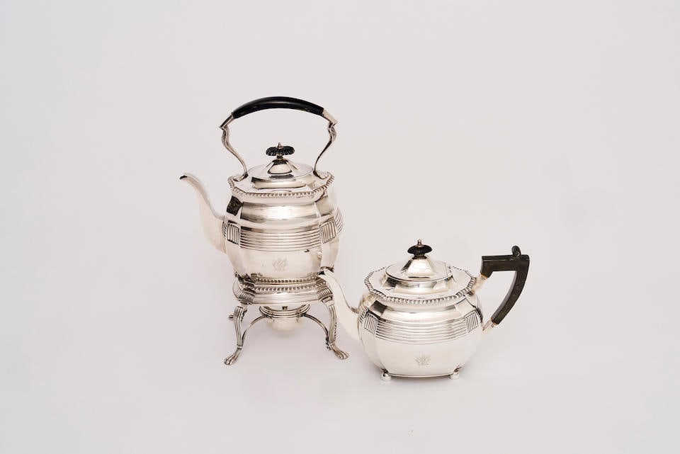 A Victorian silver part tea set tallest 33.5cm, 1970 grams total weight (4 components): A Victorian silver part tea set by Charles Stuart Harris, London 1891, comprising; teapot and kettle with stand and burner tallest 33.5cm, 1970 grams total weight (4 components) For further informatio