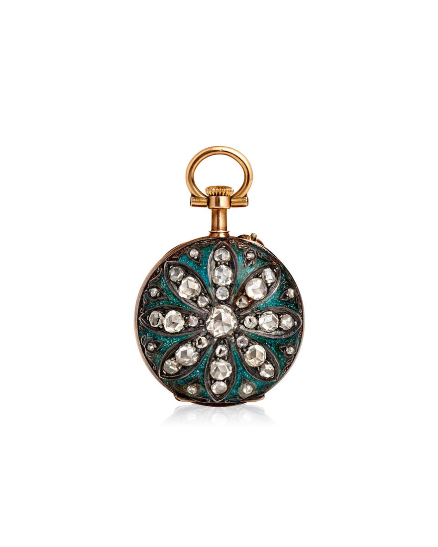 SWISS. AN 18K GOLD, TURQUOISE ENAMEL AND DIAMOND SET KEYLESS WIND POCKET WATCHc. 1890s: SWISS. AN 18K GOLD, TURQUOISE ENAMEL AND DIAMOND SET KEYLESS WIND POCKET WATCH Date: c. 1890s Movement: Jeweled manual wind Dial: White Case: Round, snap on case back, No. 1027 Signed: Unsigned Size: