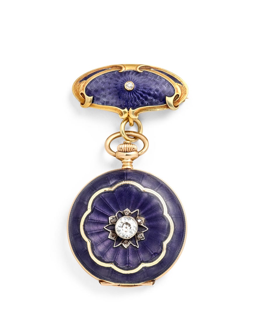 [NO RESERVE] LONGINES. A 14K GOLD, PURPLE ENAMEL AND DIAMOND SET KEYLESS WIND PENDANT WATCH-BROO...: [NO RESERVE] LONGINES. A 14K GOLD, PURPLE ENAMEL AND DIAMOND SET KEYLESS WIND PENDANT WATCH-BROOCH Date: c. 1920s Movement: 15-jewel manual wind, No. 2323345 Dial: White enamel Case: Round, snap on ca