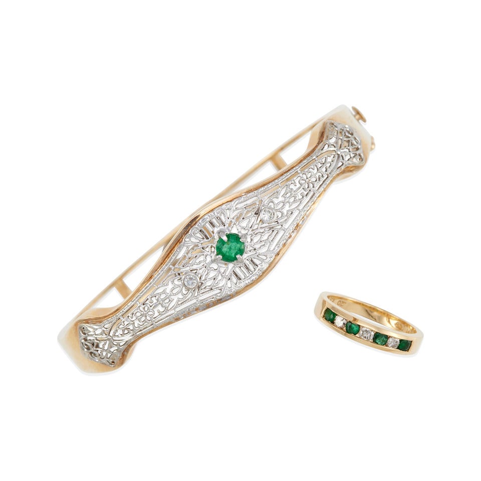 A 14K BI-COLOR GOLD, EMERALD AND DIAMOND BANGLE BRACELET AND RING (1 of 2)
