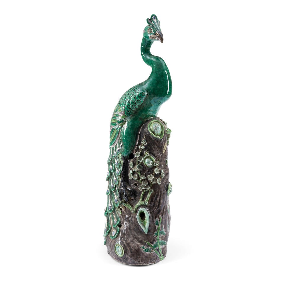 A LARGE EXPORT FAMILLE-VERTE FIGURE OF A PEACOCK China, 19th/20th century (1 of 2)