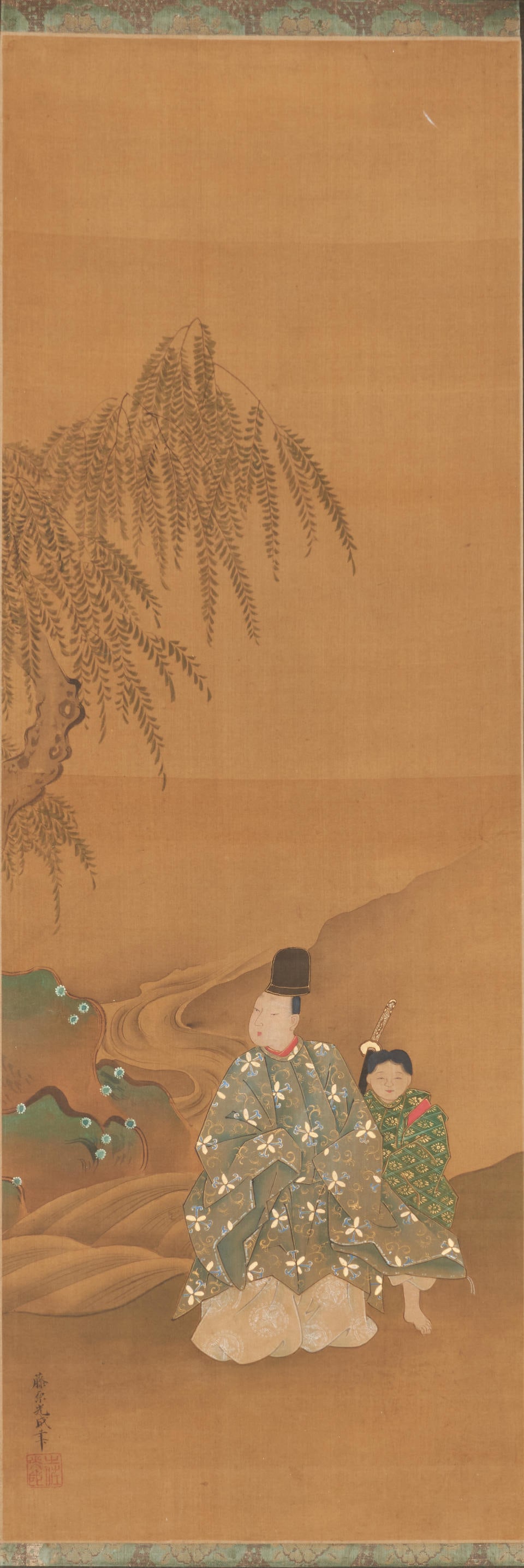 TOSA MITSUNARI; ANONYMOUS ARTIST Samurai Warriors, Japan, 20th century (2): TOSA MITSUNARI; ANONYMOUS ARTIST Samurai Warriors, Japan, 20th century Ink and color on silk, hanging scrolls, one depicting a daimyo with a boy samurai, signed Fujiwara Mitsunari hitsu with a seal; a