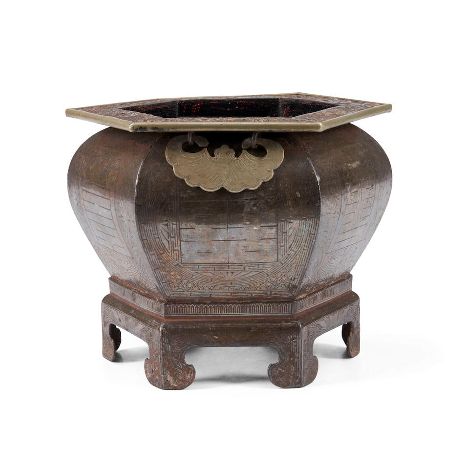 A HEXAGONAL SILVER-INLAID IRON INCENSE BURNER Korea, Joseon period, 19th century (1 of 2)
