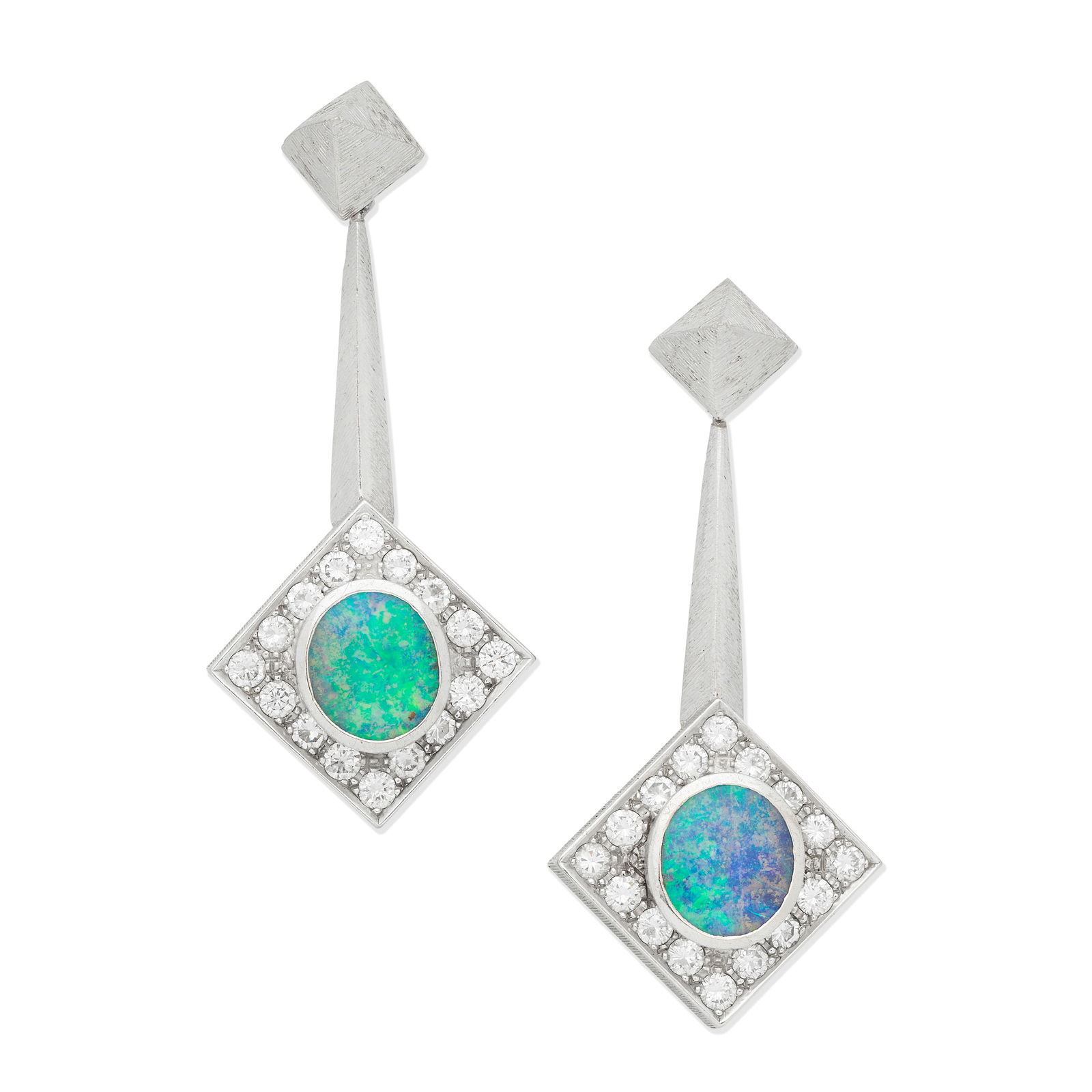GRIMA: OPAL AND DIAMOND PENDENT EARRINGS,: GRIMA: OPAL AND DIAMOND PENDENT EARRINGS, CIRCA 1990 Each with central boulder opal and brilliant-cut diamonds, beneath a textured pyramid surmount, diamonds approx. 2.10cts total, signed Grima, lengt