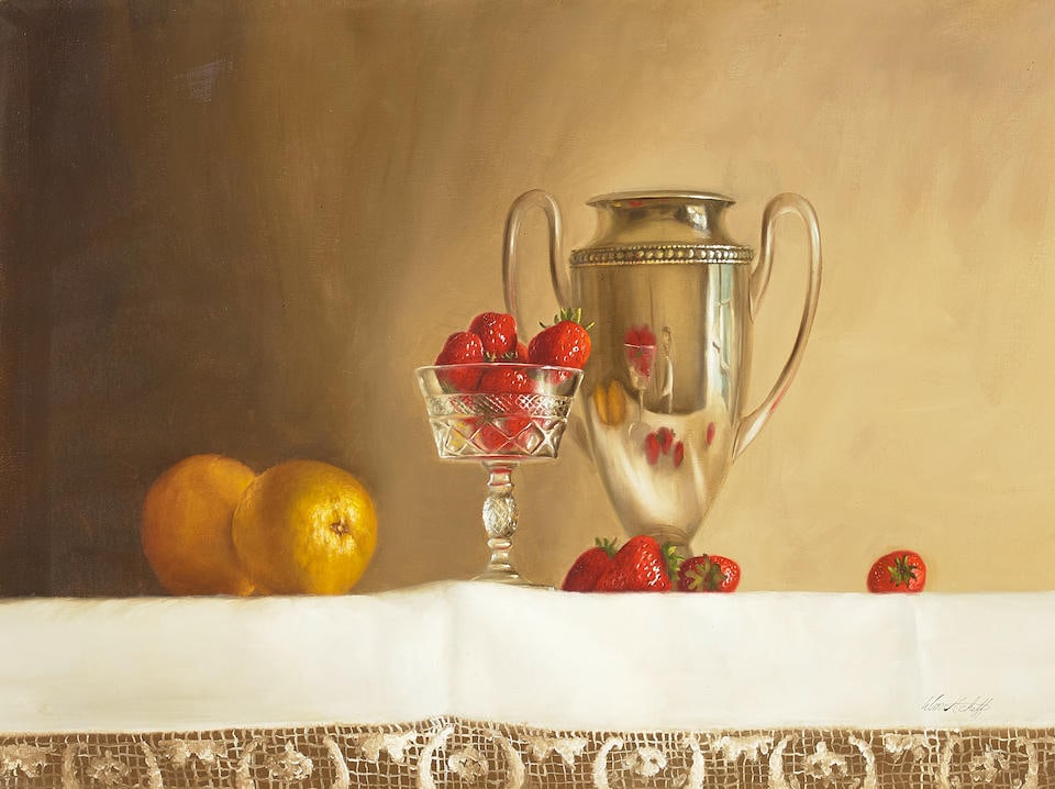 William Acheff (born 1947) Still Life (with Strawberries) 18 x 24 in. framed 28 1/2 x 34 1/2 in.: William Acheff (born 1947) Still Life (with Strawberries) signed 'Wm Acheff' (lower right) oil on canvas 18 x 24 in. framed 28 1/2 x 34 1/2 in. For further information on this lot please visit Bonhams