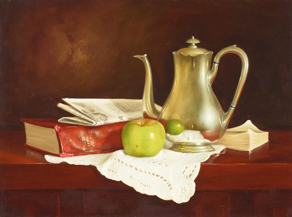 William Acheff (born 1947) Still Life (with Green Apple) 18 x 24 in. framed 28 1/2 x 34 1/2 in.: William Acheff (born 1947) Still Life (with Green Apple) signed 'Wm Acheff' (lower right) and signed again (on the reverse) oil on canvas 18 x 24 in. framed 28 1/2 x 34 1/2 in. For further informatio