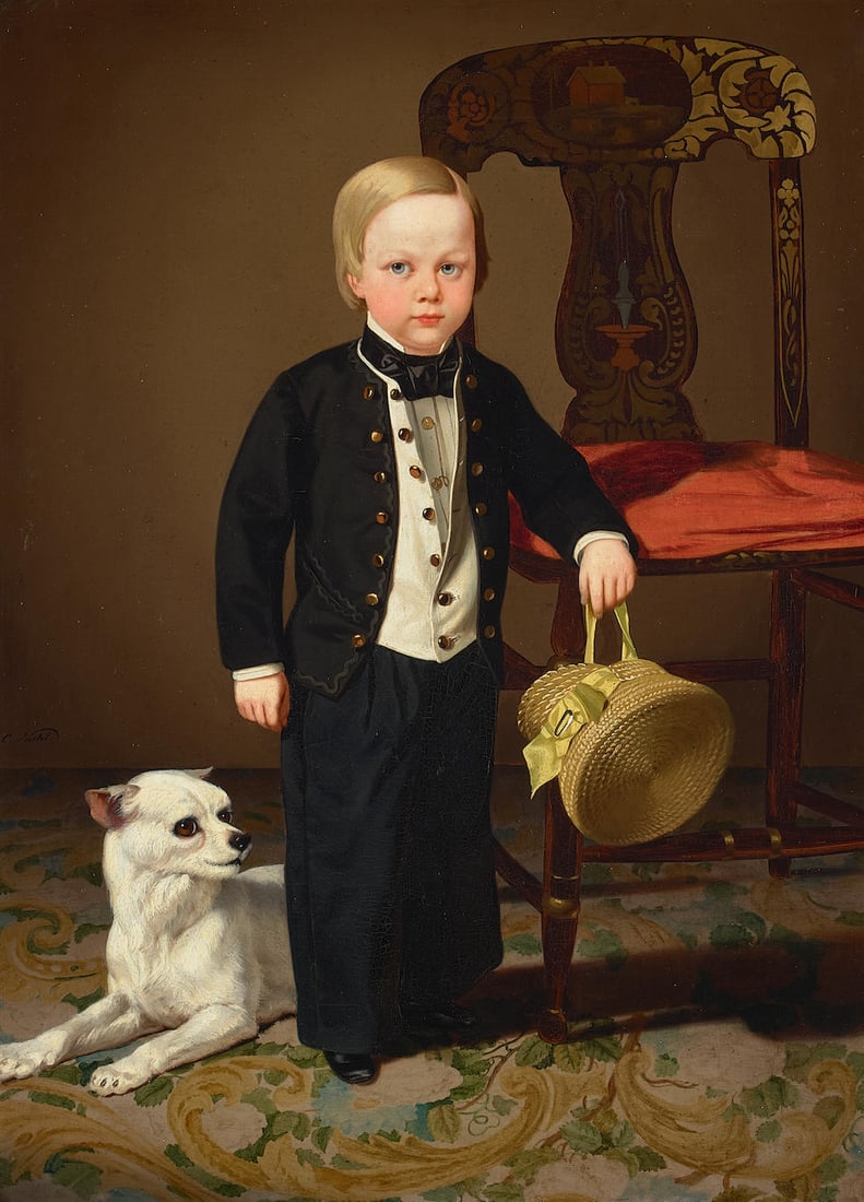 Charles Christian Nahl (1818-1878) Portrait of a Boy with Dog 26 x 19 in. framed 33 3/4 x 26 1/2...: Charles Christian Nahl (1818-1878) Portrait of a Boy with Dog signed 'C. Nahl' (left center) oil on canvas 26 x 19 in. framed 33 3/4 x 26 1/2 in. Painted circa 1855. Footnotes: Provenance Sold to bene