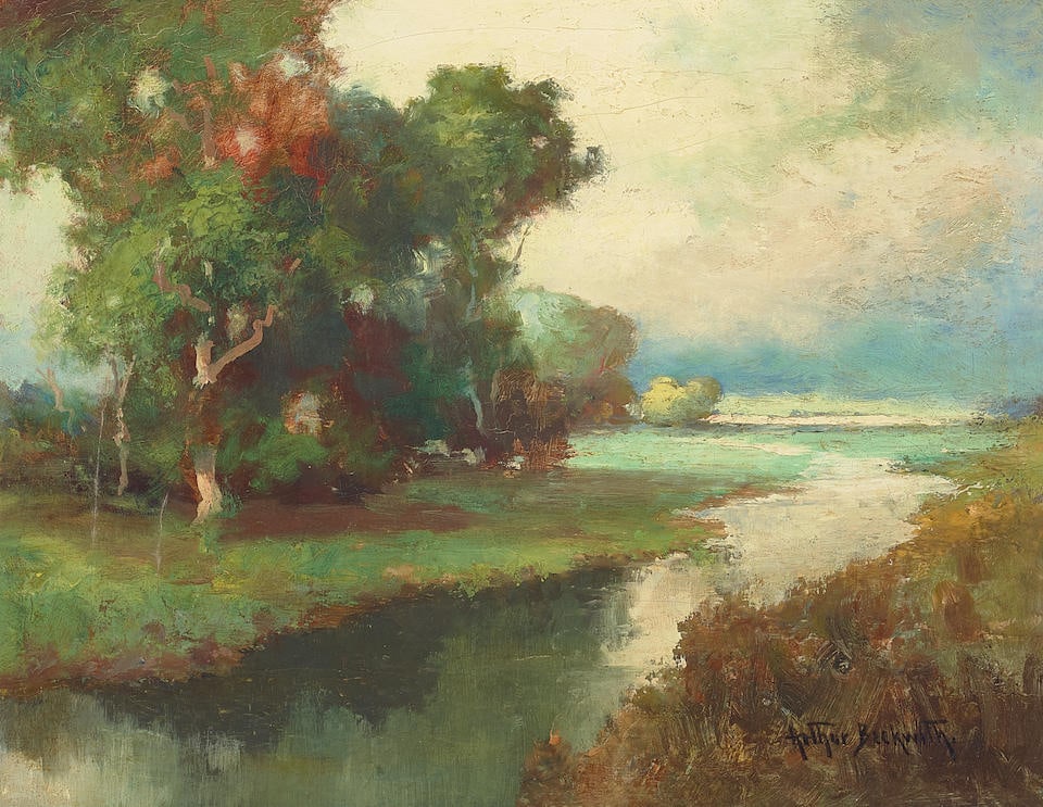 Arthur Beckwith (1860-1930) Trees by the River 10 x 13 in. framed 13 3/4 x 16 3/4 in.: Arthur Beckwith (1860-1930) Trees by the River signed 'Arthur Beckwith' (lower right) oil on board 10 x 13 in. framed 13 3/4 x 16 3/4 in. For further information on this lot please visit Bonhams.com F