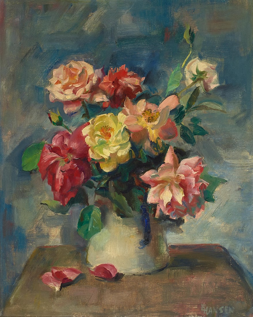 Ejnar Hansen (1884-1965) Still Life 22 x 18 in. framed 29 x 25 in.: Ejnar Hansen (1884-1965) Still Life signed 'EjHansen' (lower right) and signed again 'Ejnar Hansen' (on the reverse) oil on canvas 22 x 18 in. framed 29 x 25 in. For further information on this lot pl