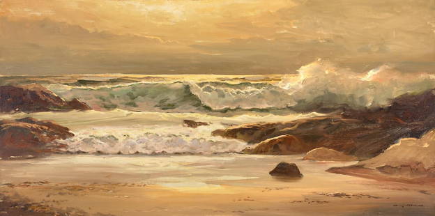 Robert William Wood (1889-1979) Laguna Surf 24 x 48 in. unframed: Robert William Wood (1889-1979) Laguna Surf signed '-Robert Wood-' (lower right) oil on canvas 24 x 48 in. unframed For further information on this lot please visit Bonhams.com For further information