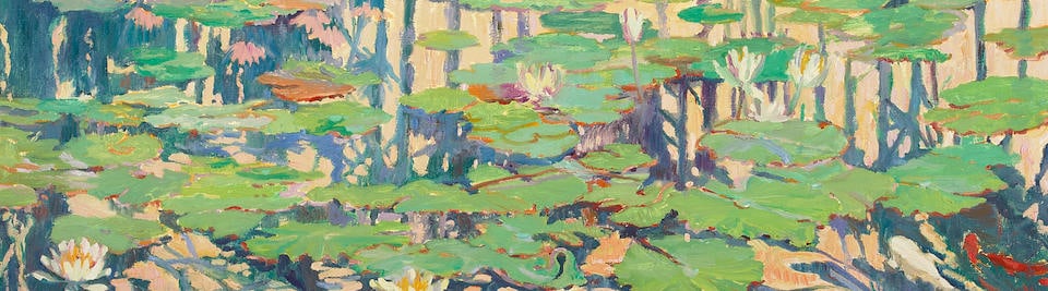 Maria Del Carmen Calvo (1937-2019) Lily Reflection 15 x 50 in. framed 19 x 54 in.: Maria Del Carmen Calvo (1937-2019) Lily Reflection unsigned oil on canvas 15 x 50 in. framed 19 x 54 in. This lot is subject to the following lot symbols: W W If the lot is not picked up immediately f