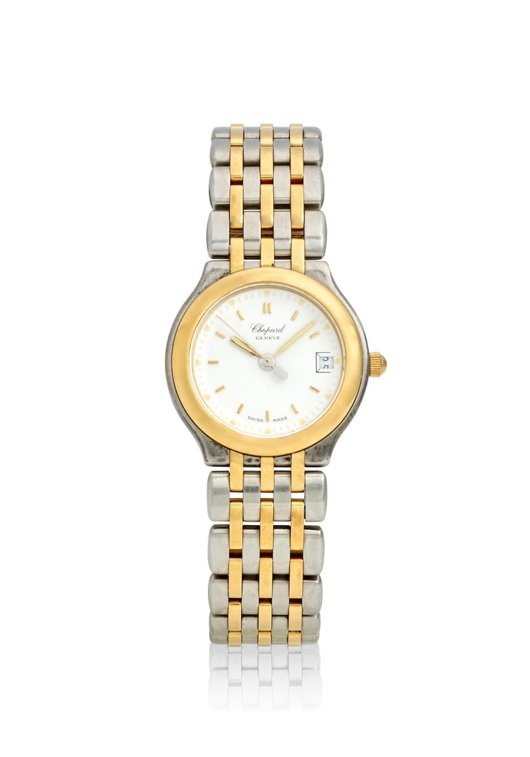 [NO RESERVE] CHOPARD. A STAINLESS STEEL AND GOLD QUARTZ CALENDAR BRACELET WATCH Monte Carlo, Ref...: [NO RESERVE] CHOPARD. A STAINLESS STEEL AND GOLD QUARTZ CALENDAR BRACELET WATCH Model: Monte Carlo Reference: 8134 Date: c. 1990s Movement: Jeweled quartz Dial: White Case: Tonneau form, case back sec