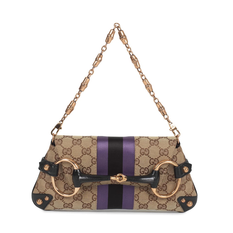 Gucci: a Monogram Horsebit Handbag 2000s (includes dust bag): Gucci: a Monogram Horsebit Handbag 2000s Creative Director: Tom Ford GG monogram canvas with purple and black central stripe, black leather with rose gold tone hardware Condition Grade B+ 27cm wide, 1